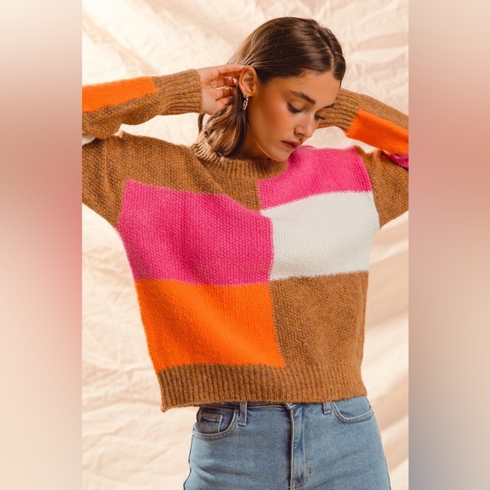 Brown pink colorblock checkered multi color knit boho bohemian sweater top